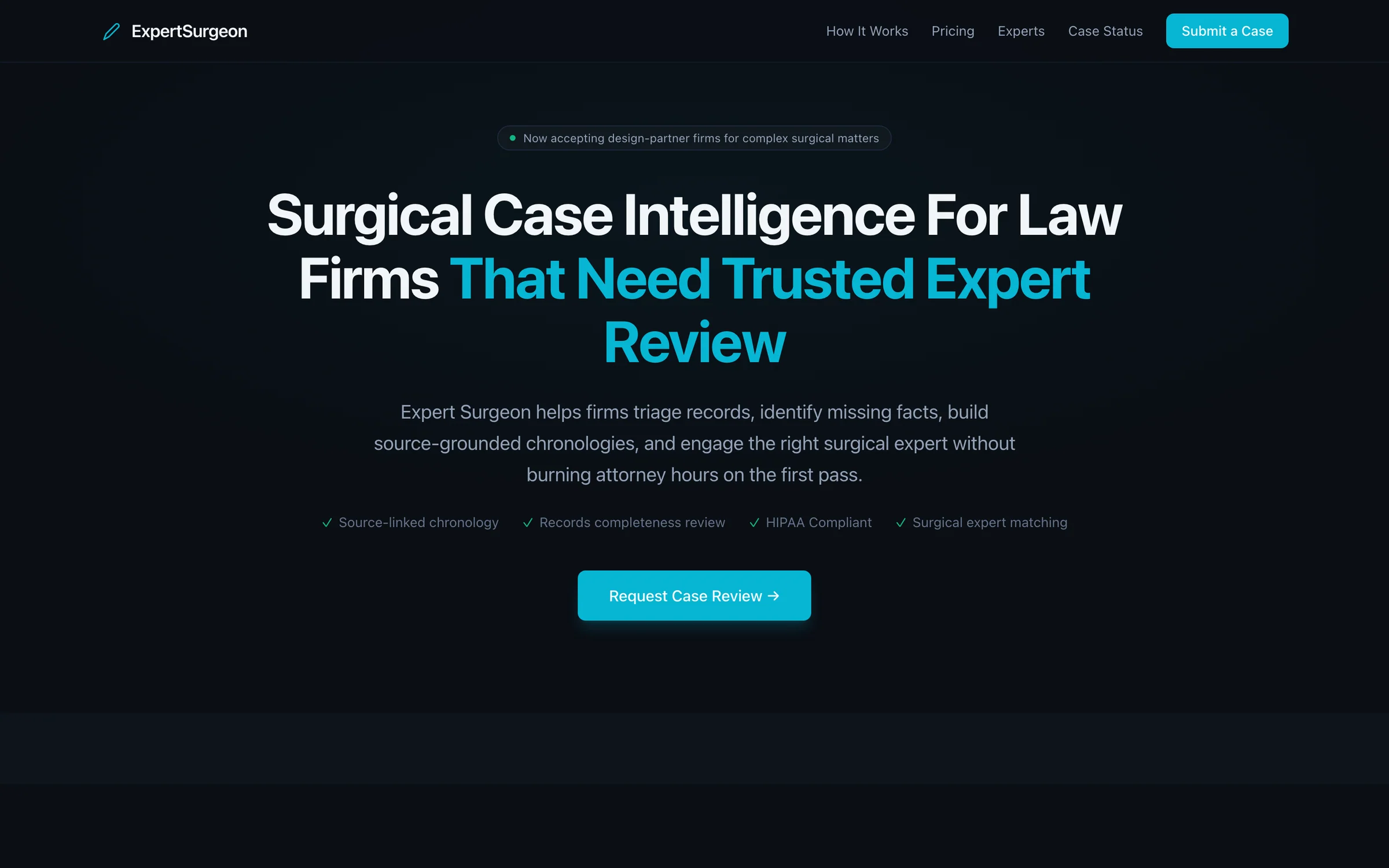 ExpertSurgeon platform site, showing the hero headline 'Surgical Case Intelligence For Law Firms That Need Trusted Expert Review' on a deep navy background.